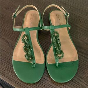 Chico’s Sierra Beaded Chain Sandals Leather Soles Sz 8.5 Green